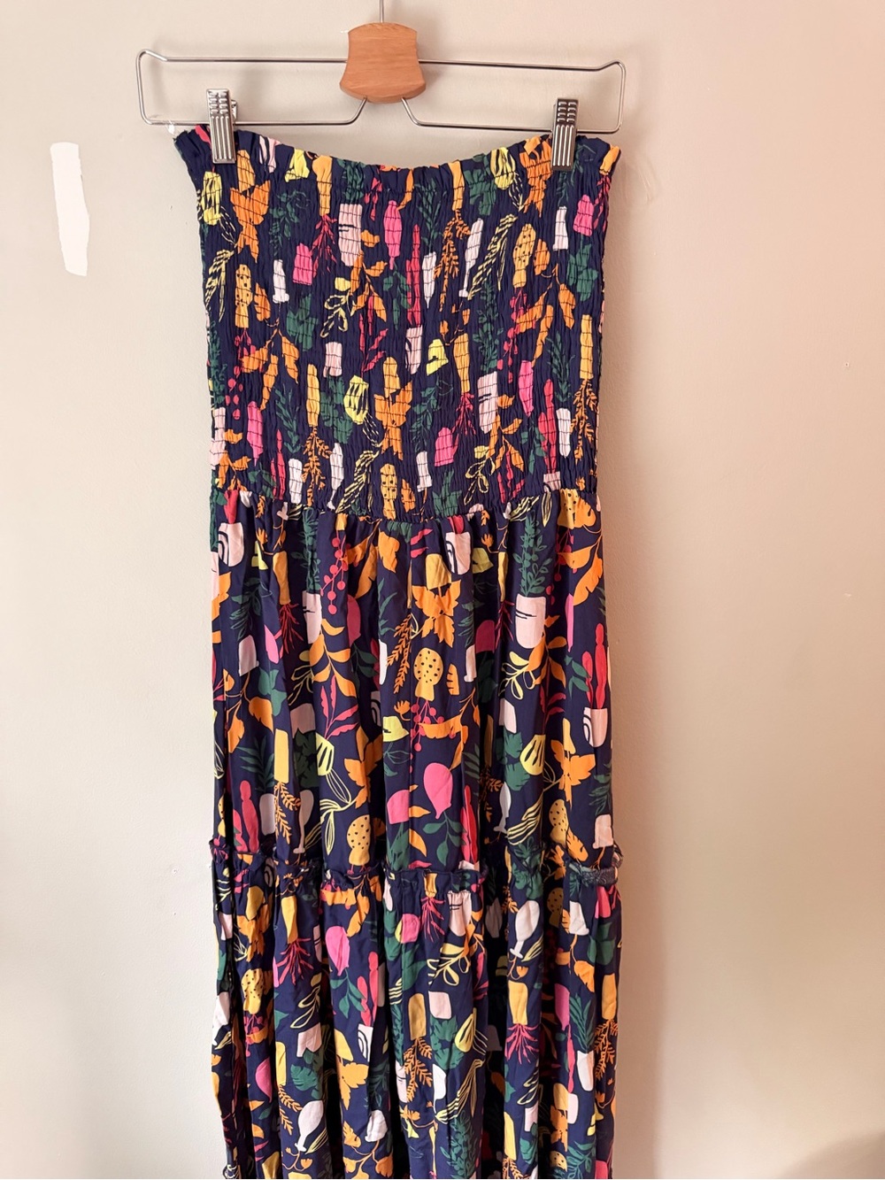 Smocked Navy Maxi Dress with Multicolor Botanical Print